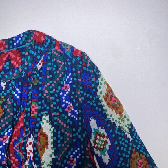 Maeve Anthropologie Topoxte Geometric Ikat Button Front Blouse Shirt Size 0 Blue - Picture 6 of 13